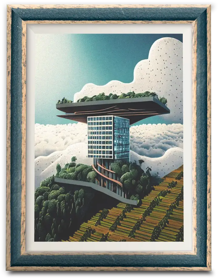 "Nippon Dream" building surrounded with nature picture with fram